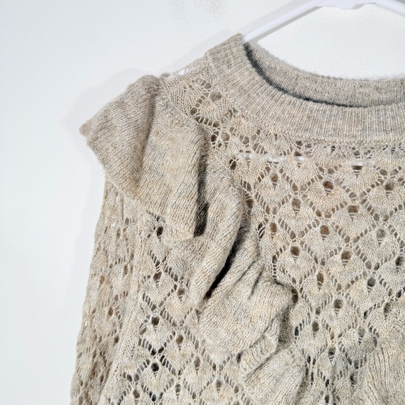 American Eagle Tan Pointelle Wispy Knit High Neck Ruffle Sweater Large - Picture 7 of 11